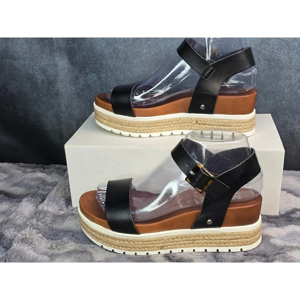 NEW MIA Kiera Platform Wedge Sandals Black Espadrille Ankle Strap Women Size 7